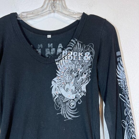 Vintage Black Mini Dress Tunic Top Rock Swarovski Rhinestone Retro Winged Guitar - Picture 5 of 12